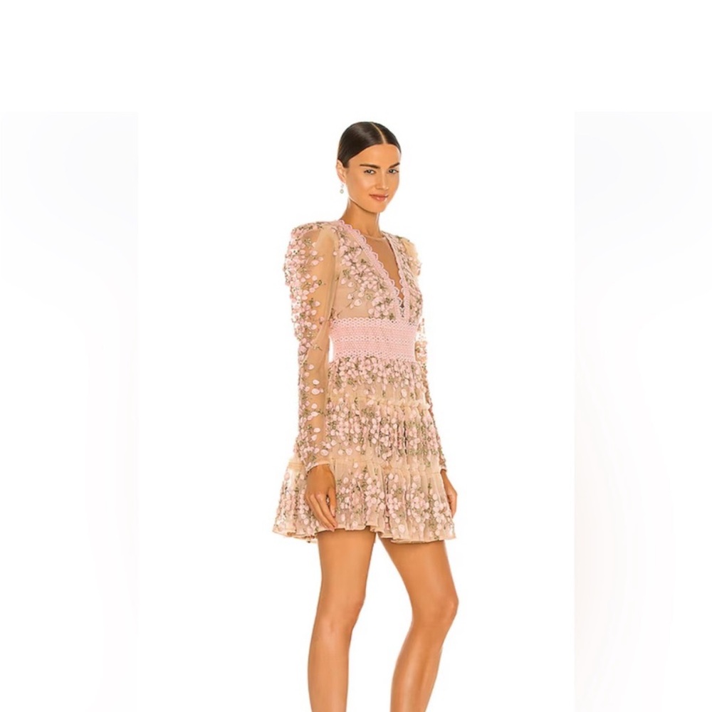 bronx and banco megan pink all over lace mesh detail longsleeve mini dress small